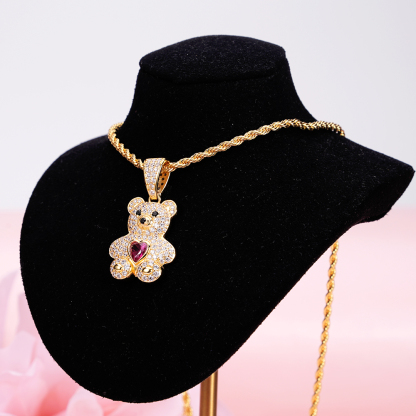 Teddy Bear Pendant Heart Birthstone Personalized Custom Necklace