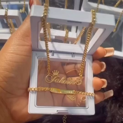 Sport Jewelry Set for Boy Personalized Football Name Necklace and Crown Bar Bracelet Set
