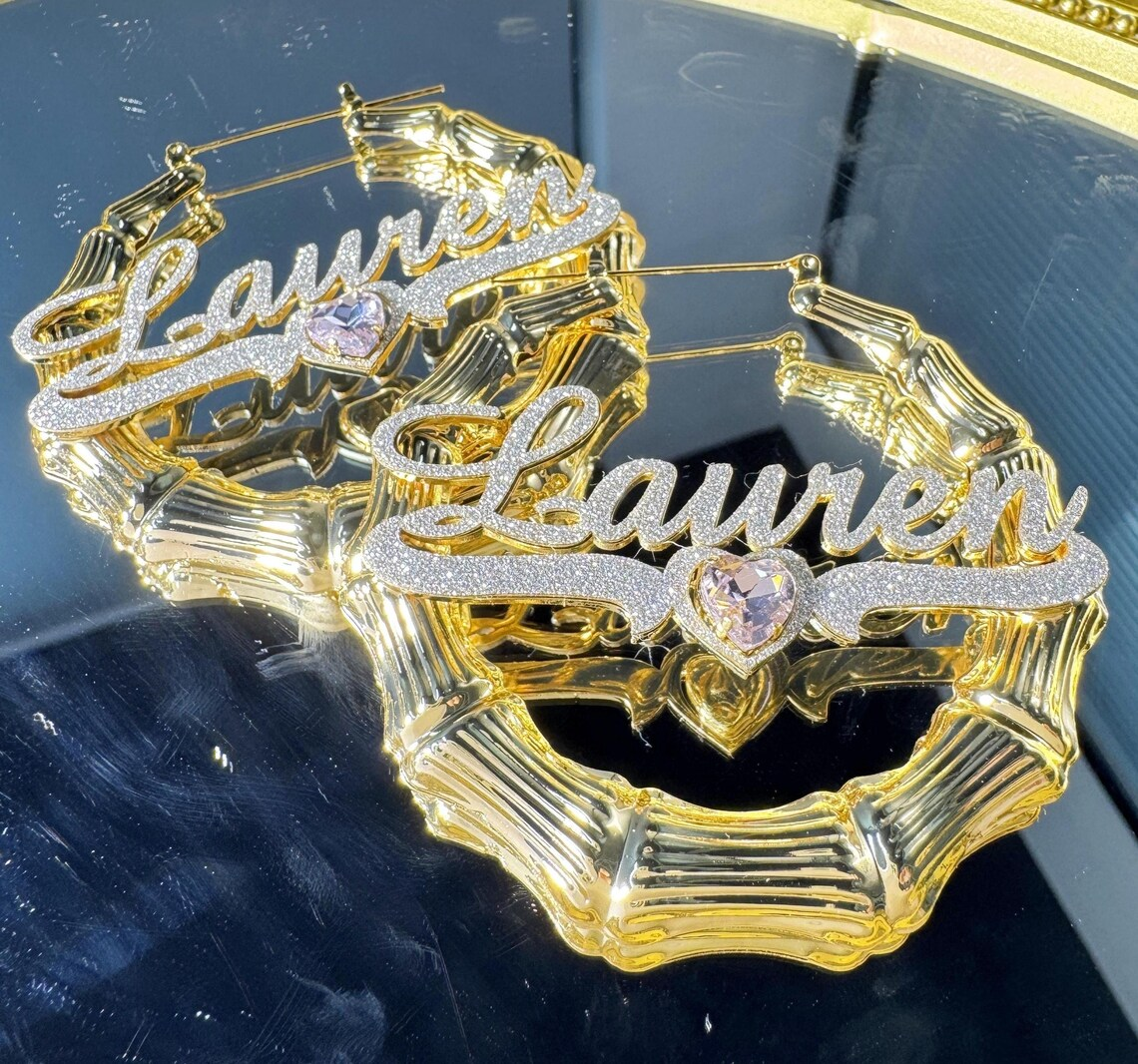 Shiny Heart Birthstone Personalized Name Necklace and Bamboo Earrings Set