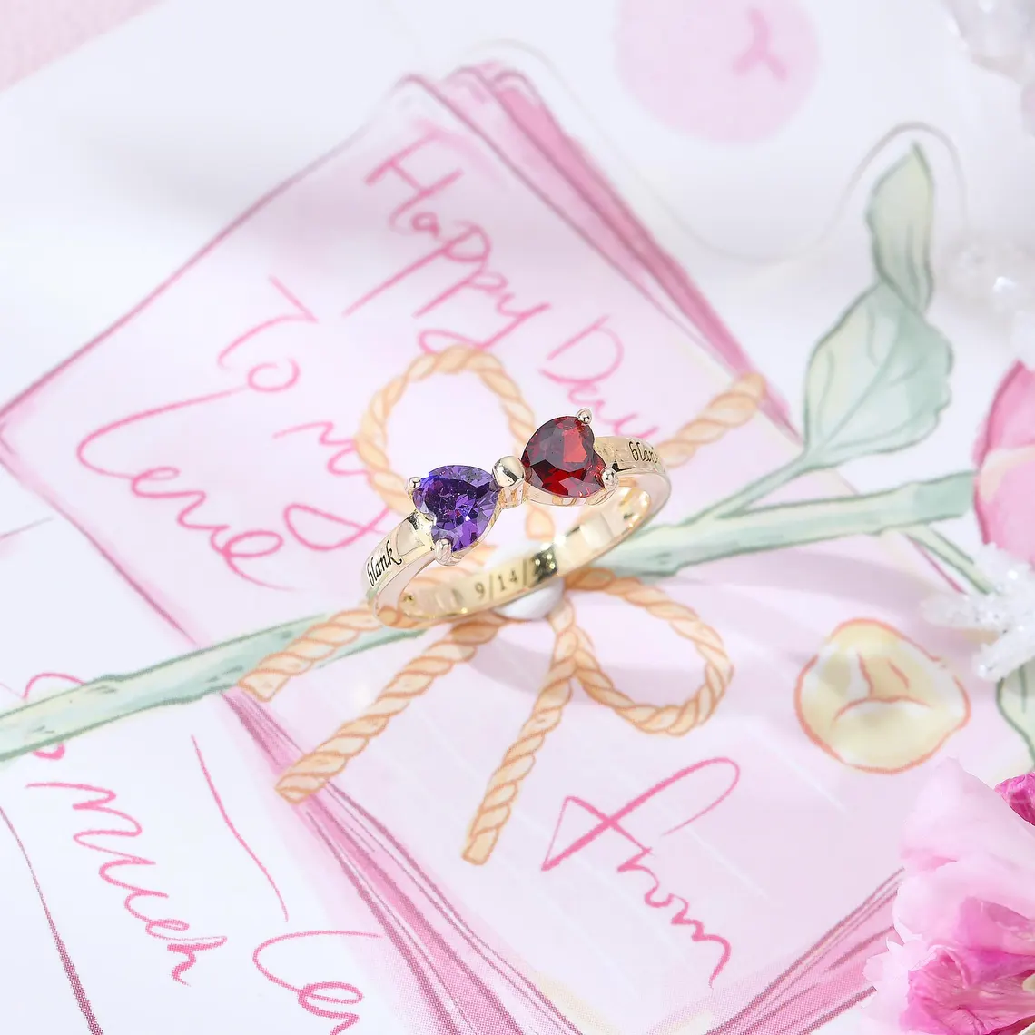 Two Love Hearts Birthstone Engraved Name Date Personalized Ring