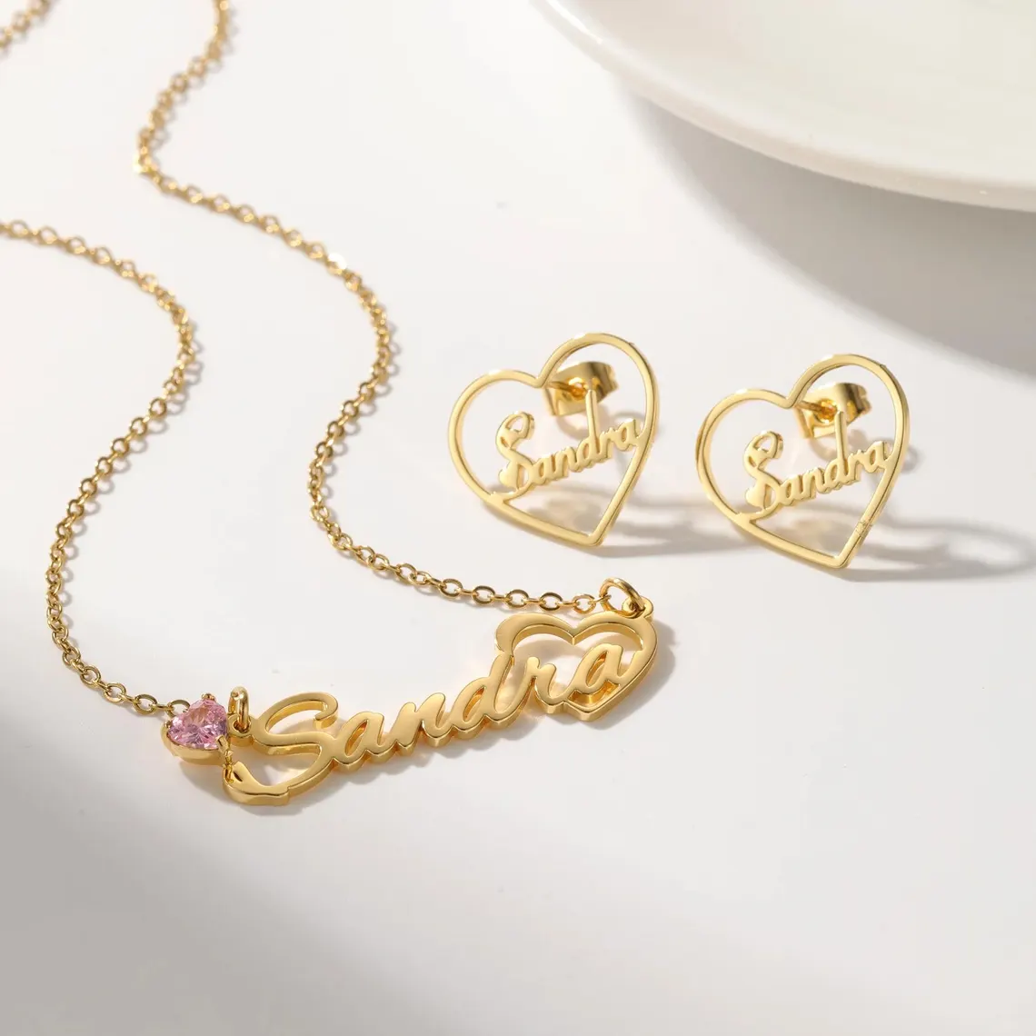 Heart Birthstone Nameplate Necklace and Stud Earrings Set