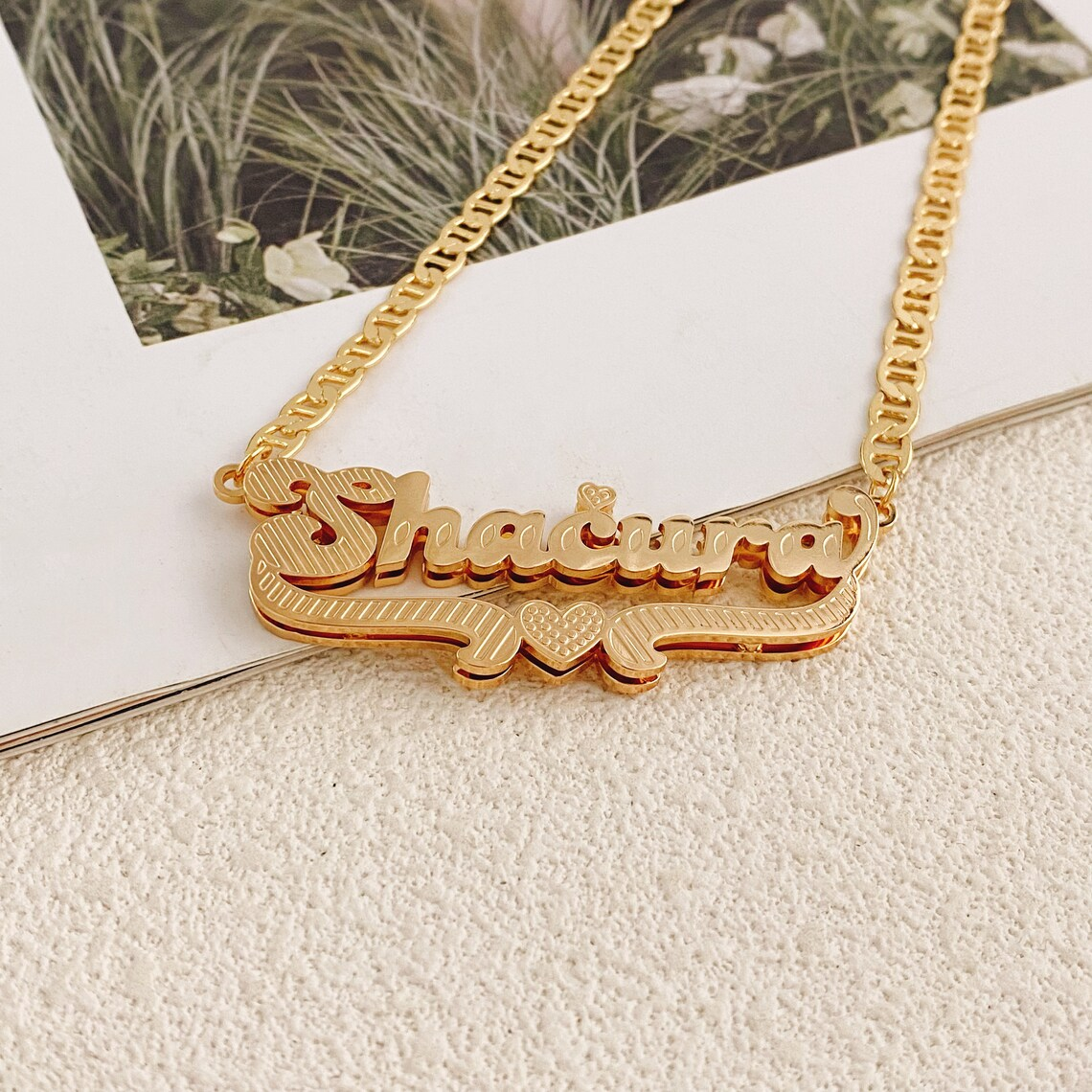 Mariner Chain Double Plate Custom 3D Heart Name Necklace