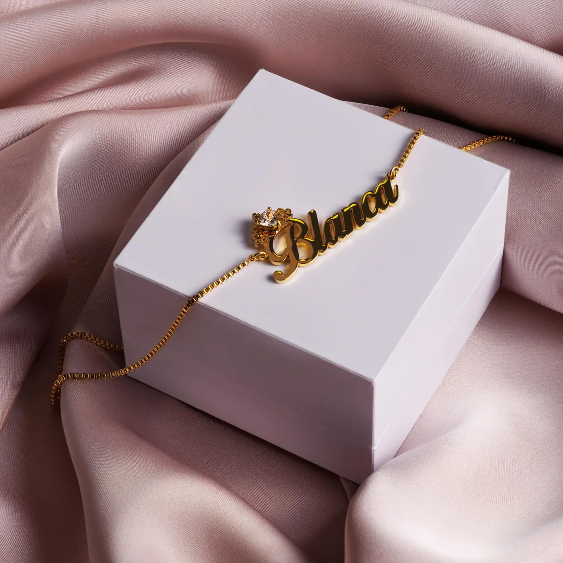 Gold Plated Personalized Crown Nameplate with Heart Birthstone Necklace
