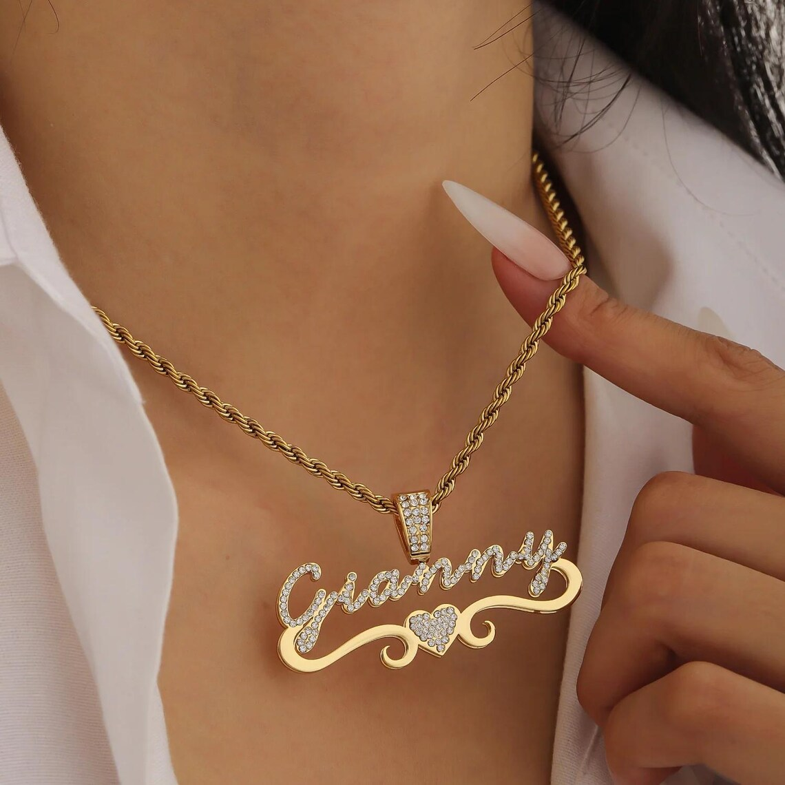 Custom Shiny Double Layer Zircon Heart Name Necklace 