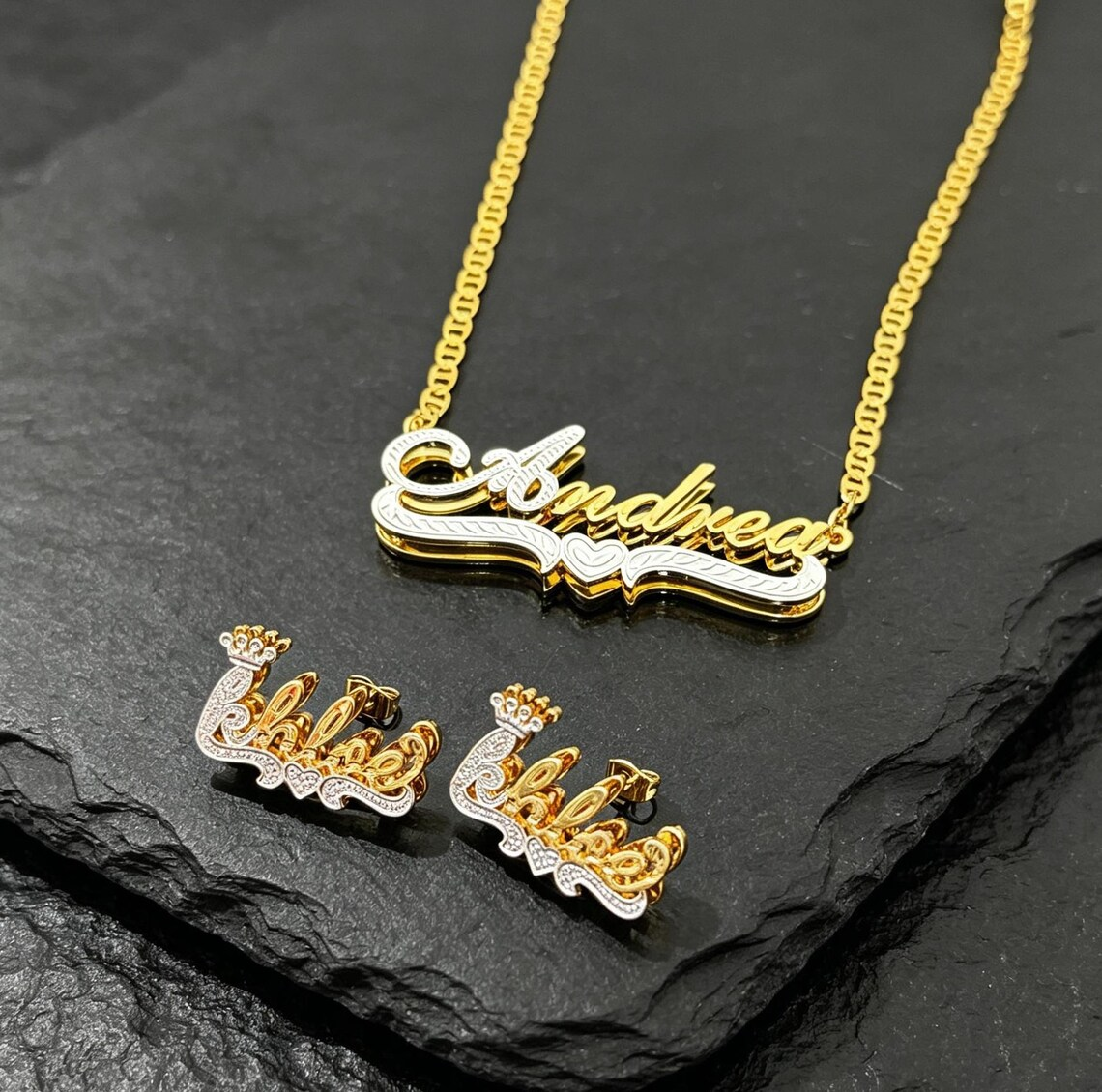 Mariner Chain Custom Two Tone Heart Name Necklace Bracelet Stud Earrings Set 3pcs