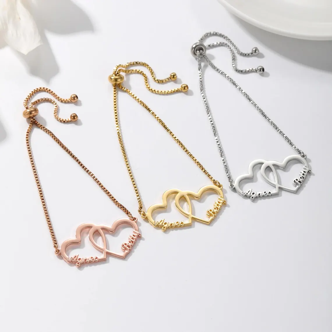 Personalized Couple Names Two Hearts Name Bracelet