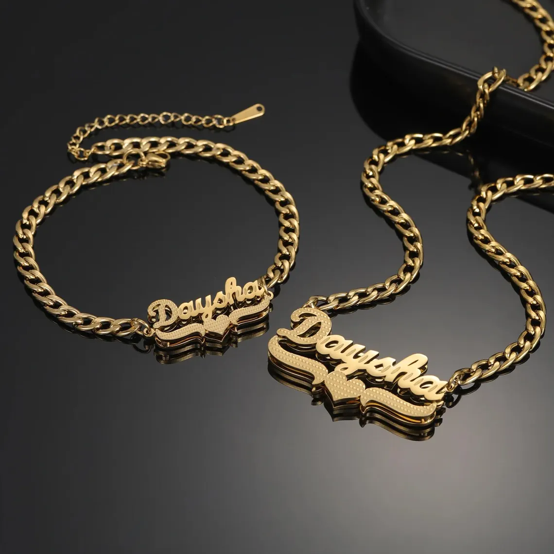 Custom Double Plate Heart Name Necklace Bracelet Jewelry Set