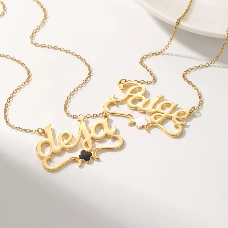 Custom Gold Plated Clover Charm Color Name Necklace