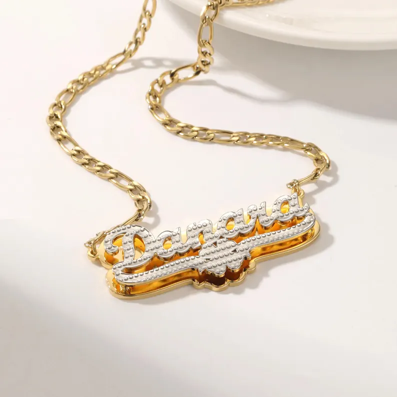 Gold Plated Double Layer Clover Pendant Name Necklace