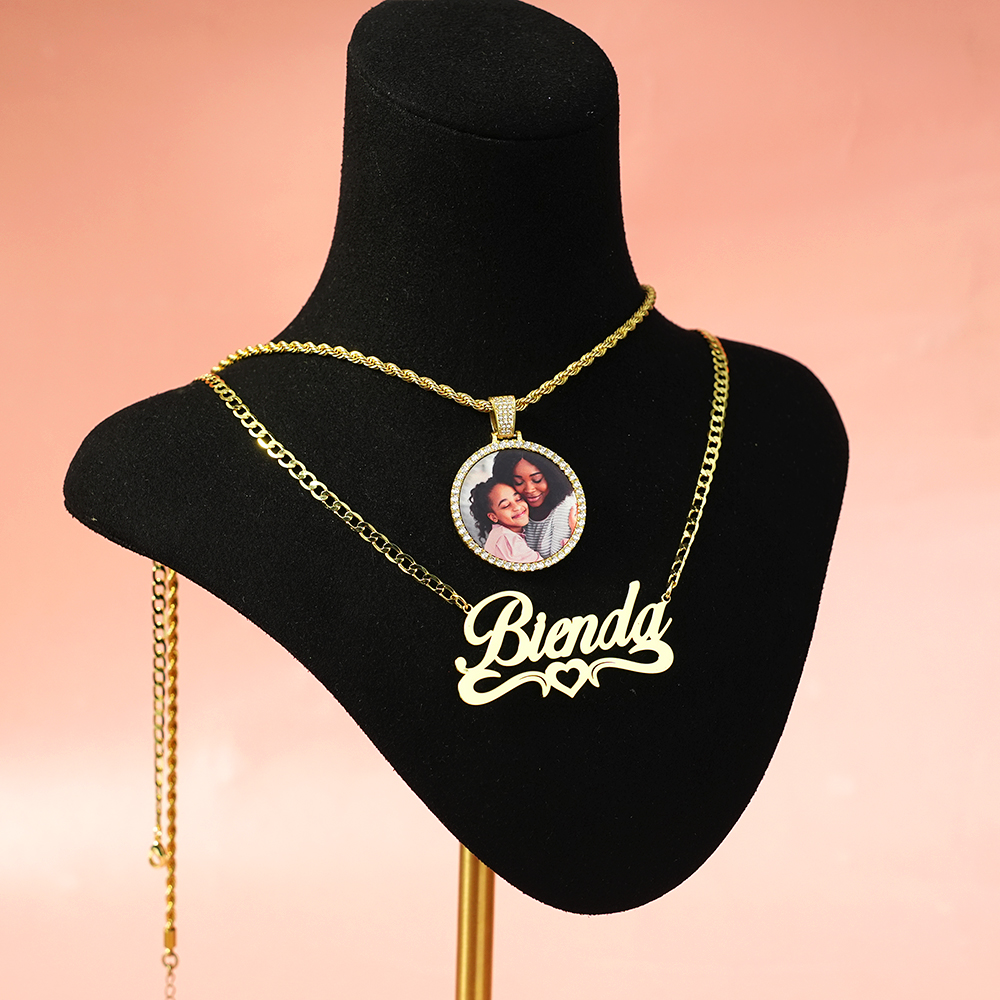 Personalized Photo Medallions Necklace And Hollow Heart Name Necklace Jewelry Set