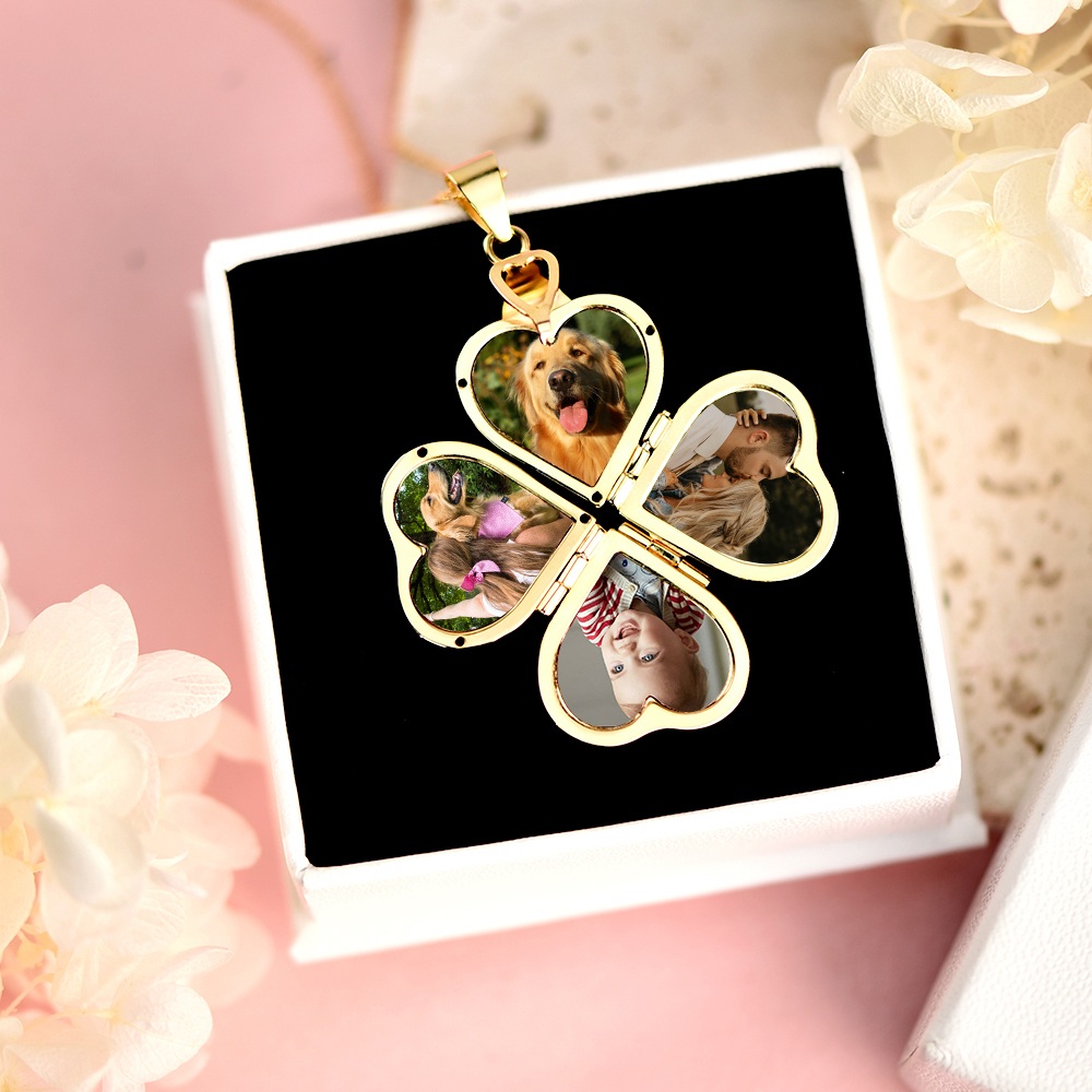 Personalized Gold Plated Four Picture Heart Locket Custom Photo Necklace Anniversary Gift
