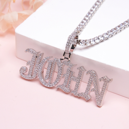 Tennis Chain Iced Out Old English Personalized Name Necklace
