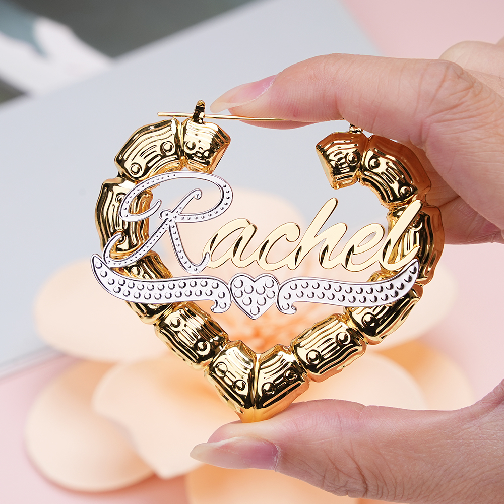 Personalized Two Tone Heart Shape Bamboo Name Earrings