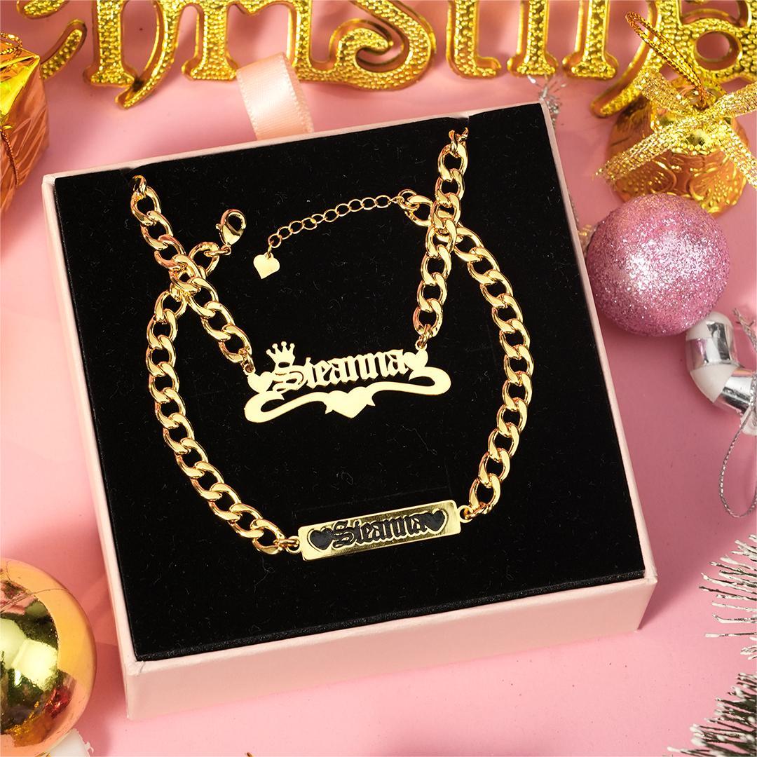 Personalized Three Heart and Crown Nameplate Necklace and Two Hearts Engraved Bar Name Bracelet Set