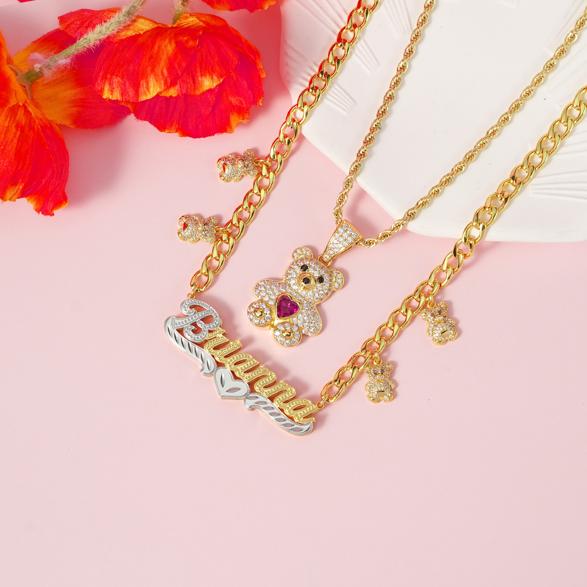 Personalized Set Two Tone Name Necklace And Birthstone Bear Necklace