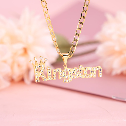 Inlaid Zircon Capital Letter Nameplate with Crown Pendant Personalized Custom Gold Plated Name Naecklace