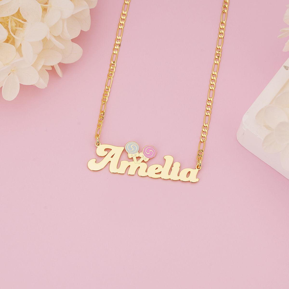 Cute lollipop Personalized Gold Plated Enamel Name Necklace For Girls