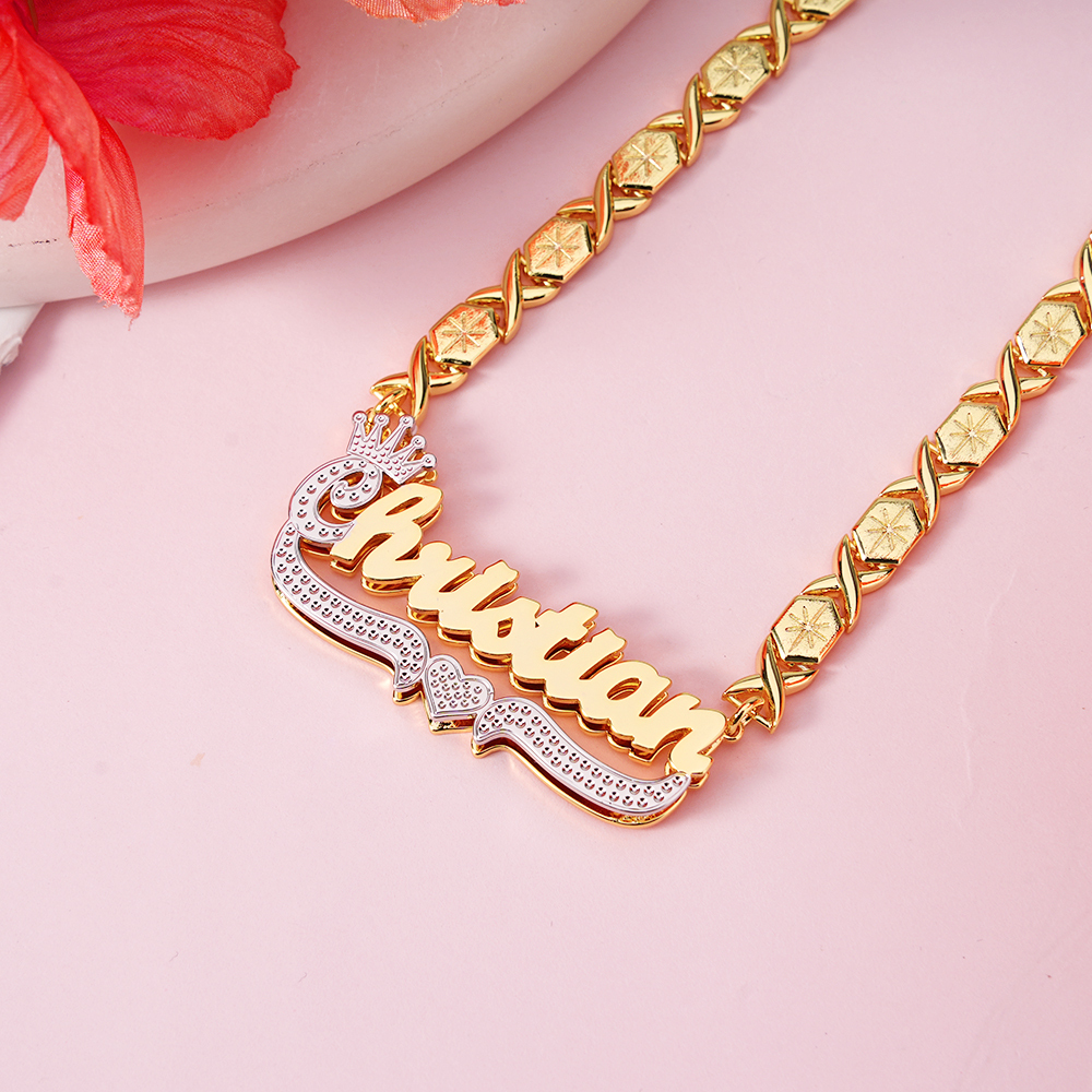 Two Tone Crown Nameplate with Heart XOXO Chain Personalized Name Necklace