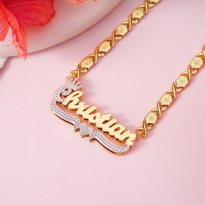 Two Tone Crown Nameplate with Heart XOXO Chain Personalized Name Necklace 