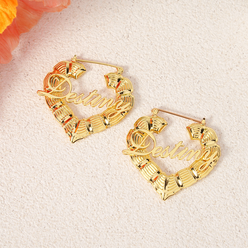 Personalized Name Necklace and Heart Shaped Name Bamboo Earrings Set