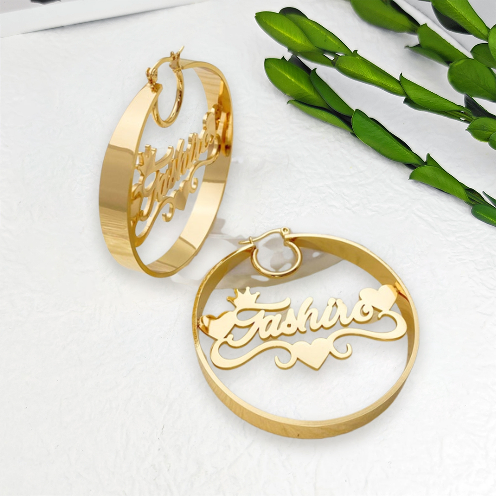 Heart Shaped Nameplated Pendant Custom Name Hoop Earrings