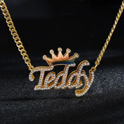 Custom Double Plated Diamond Name Necklace with Crown