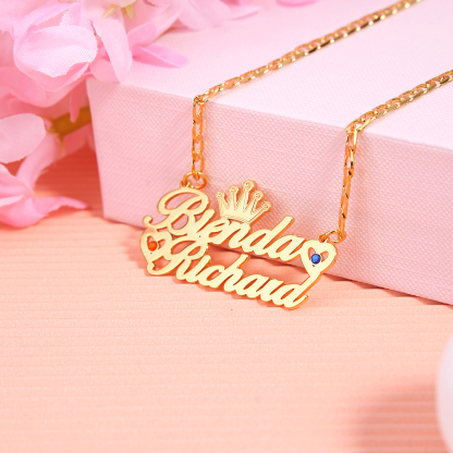 Couples Name With Crown Heart And Birthstone Personalized Custom Gold Plate Name Necklace