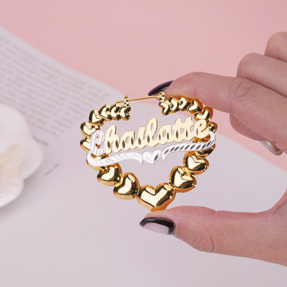 Two Tone Heart Nameplate Personalized Name Earrings