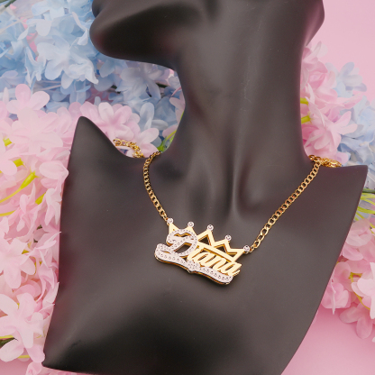 Cuban Chain Two Tone Crown Heart Nameplate Personalized Custom Gold Plated 3D Name Necklace