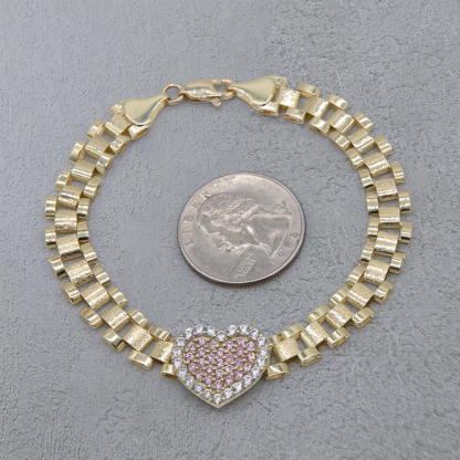 CZ Pink Heart Watch Band Chain Gold Plated Bracelet