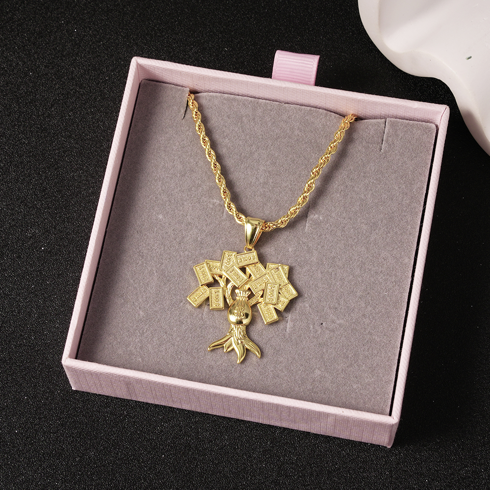 Gold Plated Money Bag Hundred Dollar Tree Lucky Pendant Necklace