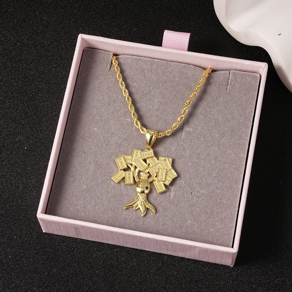 Gold Plated Money Bag Hundred Dollar Tree Lucky Pendant Necklace
