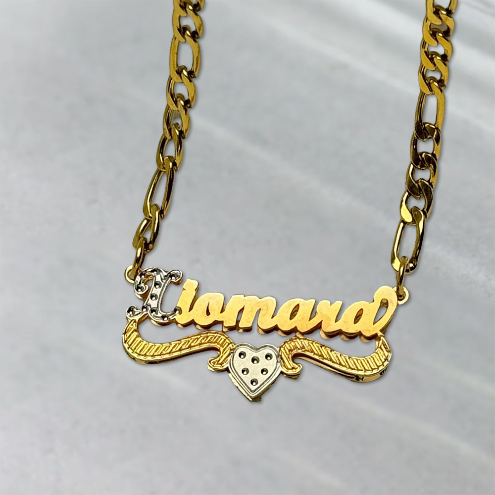 Double Layer Two Tone Heart Nameplate Custom Name Necklace