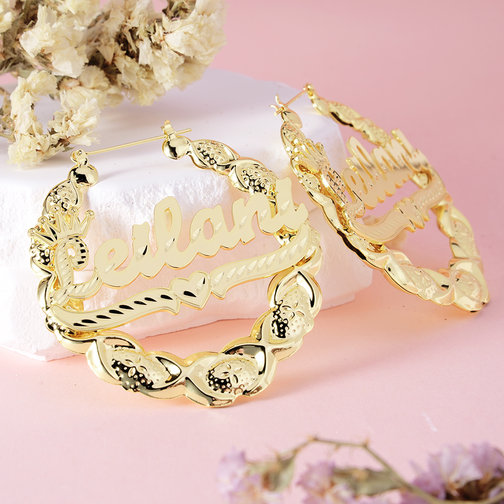 XOXO Bamboo Earrings with Crown Heart Personalized Custom Gold Plated Name Earrings