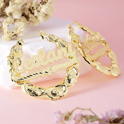 XOXO Bamboo Earrings with Crown Heart Personalized Custom Gold Plated Name Earrings