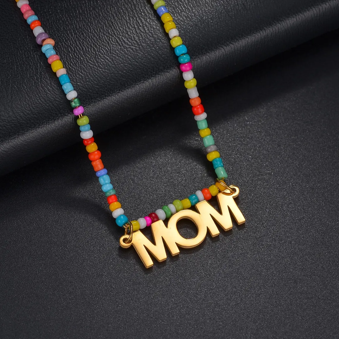 Gold Plated Personalized Nameplate Pendant Colorful Beaded Necklace