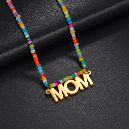 Gold Plated Personalized Nameplate Pendant Colorful Beaded Necklace