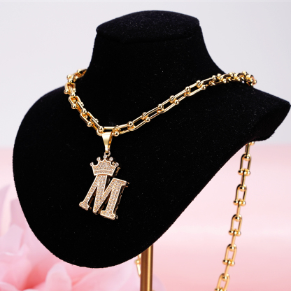 U Shaped Lock Chain Personalized Crown Letter Initial Necklace