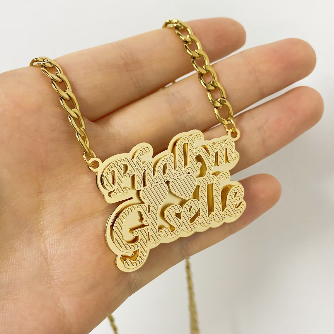 Double Layer Custom Couple Two Names with Two Heart Necklace