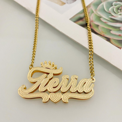 Customized Diamond Cut 3D Name Necklace with Crown and Heart