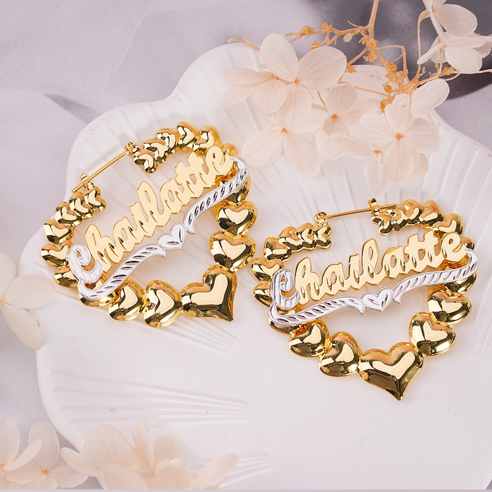 Two Tone Heart Nameplate Personalized Name Earrings