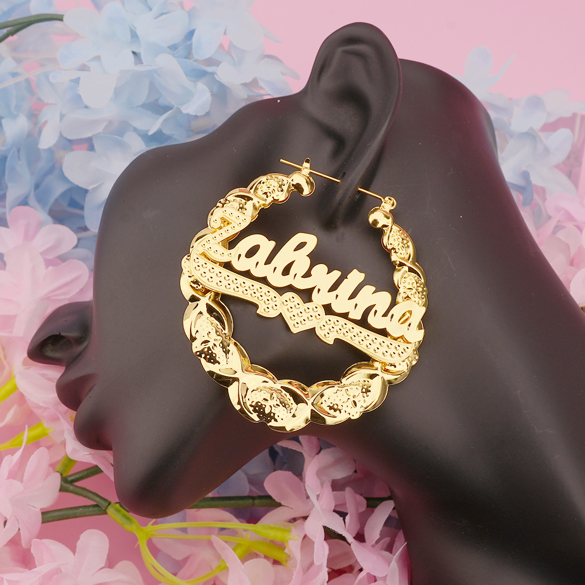 XOXO Bamboo Earrings with Heart Personalized Custom Gold Plated Name Earrings