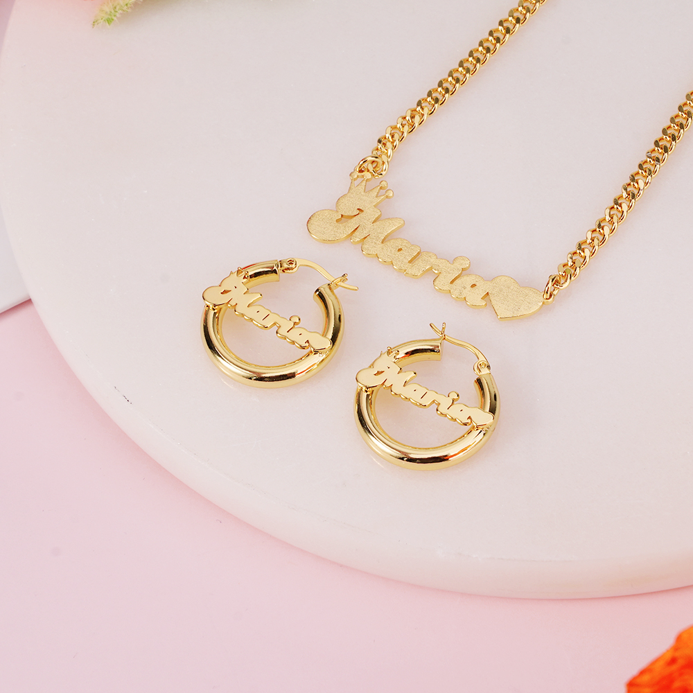 Bling Crown Heart Set Personalized Name Necklace And Hoop Earrings 2pcs Set
