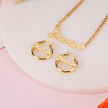 Bling Crown Heart Set Personalized Name Necklace And Hoop Earrings 2pcs Set