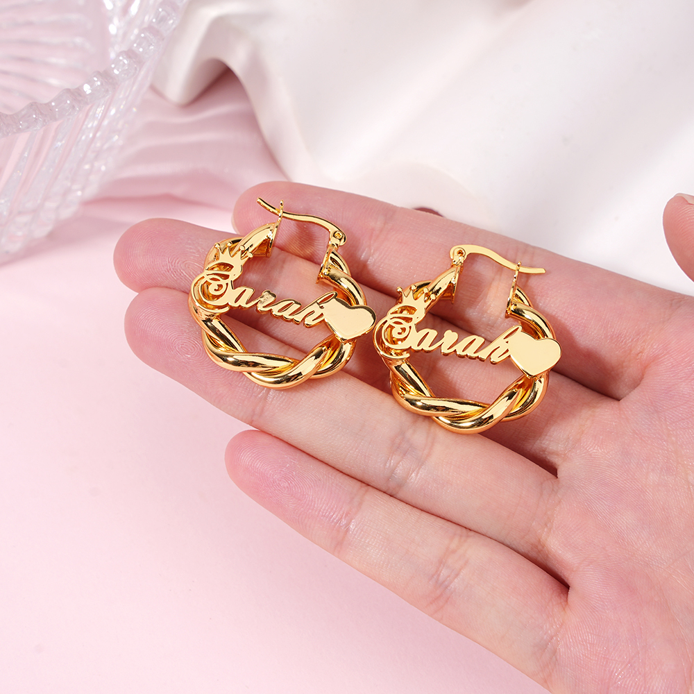 22mm Crown Mini Twist Hoop Earrings Personalized Name Earrings Custom Gold Plated