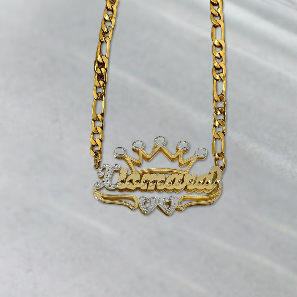 Double Layer Crown Two Hearts Nameplate Custom Name Necklace