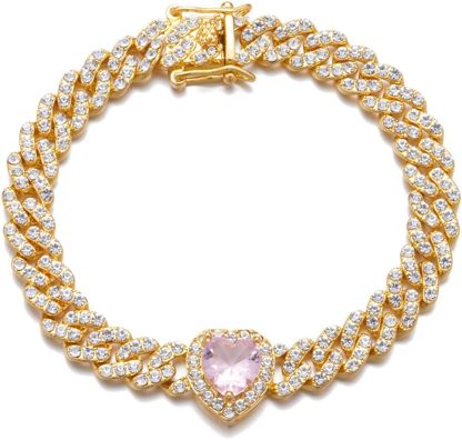 Cuban Link Chain Iced Out Paved Heart Shape Bling Bracelet 