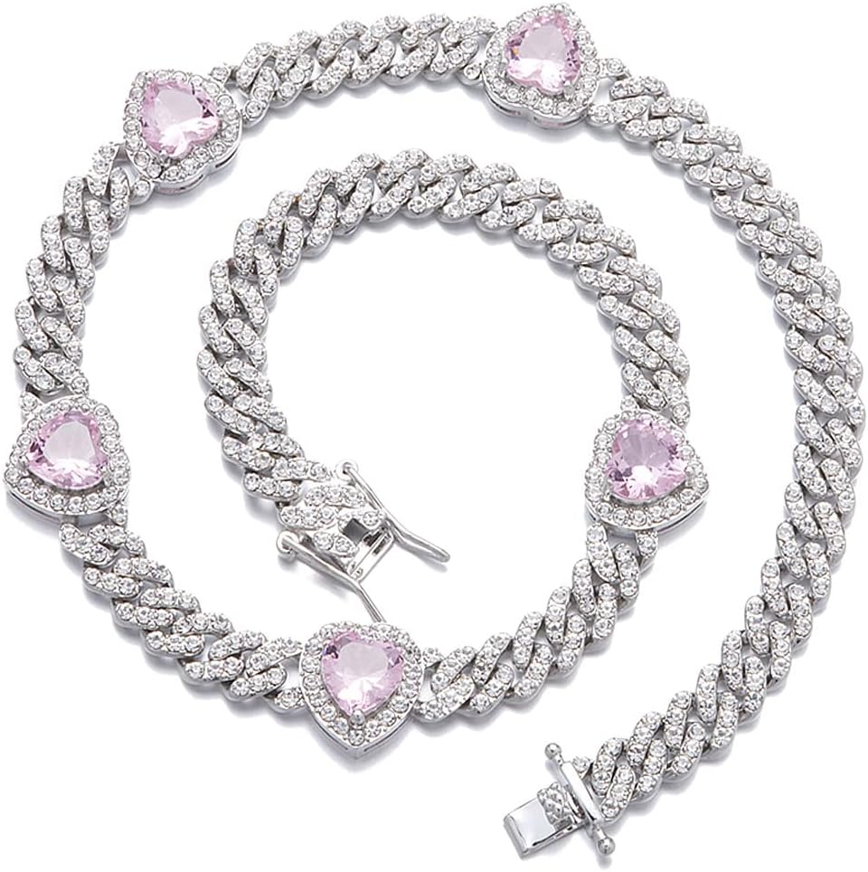 Cuban Link Chain Iced Out Paved Heart Shape Rhinestones CZ Bling Necklace 