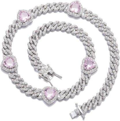 Cuban Link Chain Iced Out Paved Heart Shape Rhinestones CZ Bling Necklace 