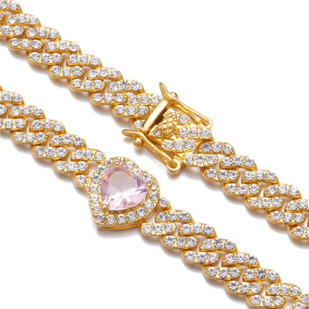 Cuban Link Chain Iced Out Paved Heart Shape Rhinestones CZ Bling Necklace 